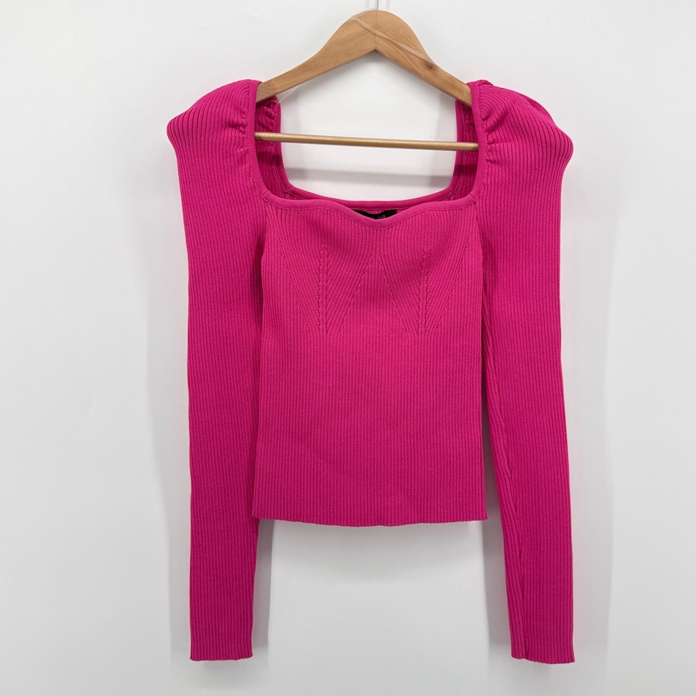 Strut & Bolt Fuchsia Pink Give It A Rest Ribbed Puffed Long Sleeve Top Small NWT